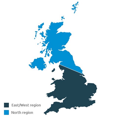 A UK map showing the two RL winter oilseed rape regions